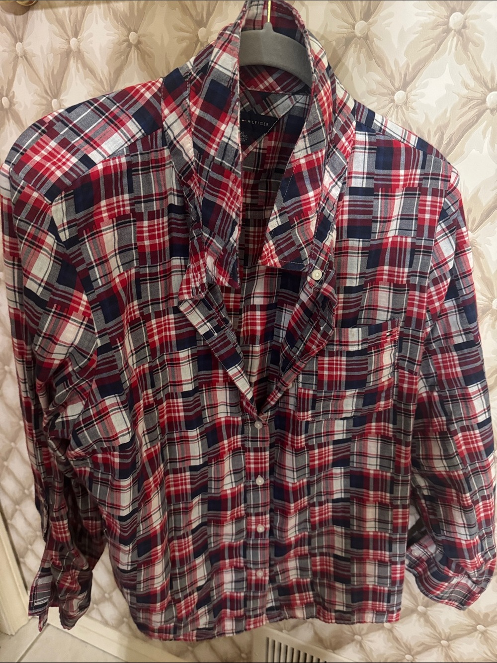 Women’s Size XL Tommy Hilfiger Red, White and Navy Plaid Button-Down Shirt